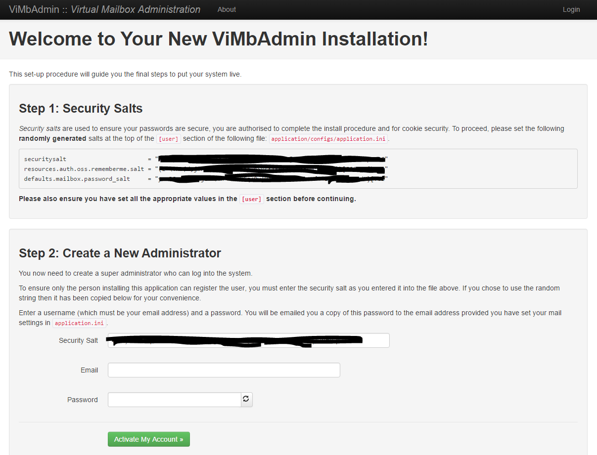 ViMbAdmin Setup Page